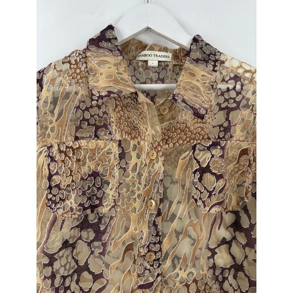 Bamboo Traders Button Up Shirt Womens Large Gold Brown Sheer Flax Animal Print - Picture 2 of 16